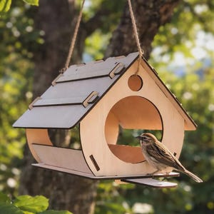 Può includere: Una mangiatoia per uccelli in legno con un'apertura circolare e un tetto spiovente, sospesa da una corda. Un piccolo uccello marrone è appollaiato sul bordo della mangiatoia. La mangiatoia è in legno chiaro.