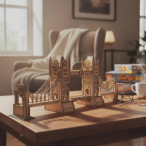 Peut inclure: Maquette en bois du Tower Bridge, avec des détails découpés au laser. Le modèle est en bois clair et repose sur une table en bois. Les tours et les câbles de suspension du pont sont visibles. Objet décoratif.