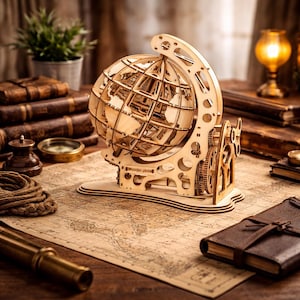 Puede incluir: Un modelo de globo terráqueo de madera con intrincados detalles recortados que muestran continentes y países. El globo está montado sobre un soporte con engranajes y un brazo curvo. La base está etiquetada como "Wooden globe". El modelo se encuentra sobre un mapa antiguo, rodeado de libros y un telescopio.