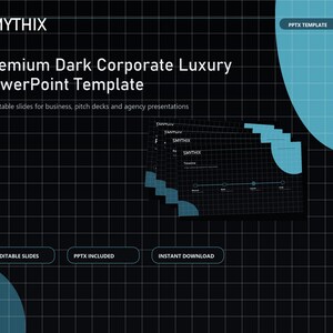 Könnte beinhalten: Dunkle PowerPoint-Vorlage mit Rasterhintergrund und türkisfarbenen Akzenten. Der Text lautet "SMYTHIX Premium Dark Corporate Luxury PowerPoint Template". Enthält 45 bearbeitbare Folien, PPTX enthalten und Sofort-Download.