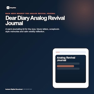 Könnte beinhalten: Digitales Mockup für ein "Analog Revival Journal" mit dem Text "Dear Diary Analog Revival Journal". Das Bild zeigt einen dunkelblauen Hintergrund mit einem weißen digitalen Gerät, das die Benutzeroberfläche des Journals anzeigt.
