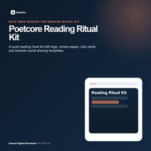 Könnte beinhalten: Digitales Mockup für ein Poetcore Reading Ritual Kit. Das Bild zeigt den Titel des Kits in großem weißen Text sowie eine Beschreibung des Inhalts des Kits. Ein digitales Gerät zeigt die Benutzeroberfläche des Kits an. Der Hintergrund ist ein dunkelblauer Farbverlauf.