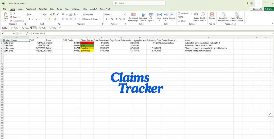 Medical Billing Claim Tracker 2026 | Monthly AR Spreadsheet (excel ...
