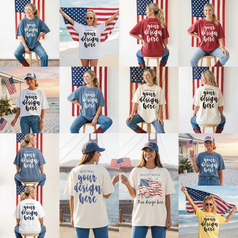 K&ouml;nnte beinhalten: Eine Sammlung von T-Shirts in verschiedenen Farben, jeweils mit dem Text "your design here" oder "Peony Mock Your design here". Die Shirts werden mit einem Hintergrund der amerikanischen Flagge und anderen patriotischen Elementen pr&auml;sentiert.