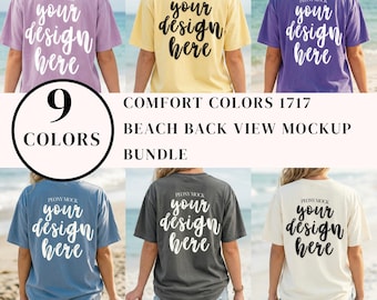 Comfort Colors 1717 Zurück Mockup Bundle, Strand Rückansicht Shirt Mockup, 9 Farben POD Bundle, weibliches Modell, Rückendesign
