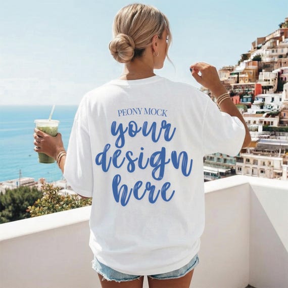 Comfort Colors 1717 Mockup White, Back View Lifestyle T-Shirt Mockup, Oversized Tee Mockup Female, Santorini Aesthetic Summer Shirt Mockup