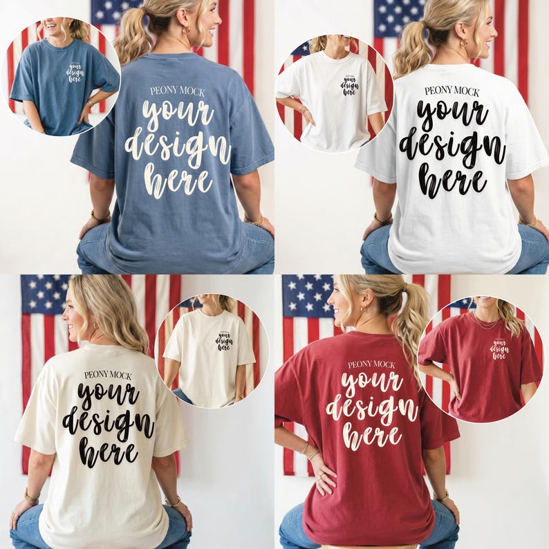 K&ouml;nnte beinhalten: Verschiedene T-Shirts in Blau-, Wei&szlig;- und Rott&ouml;nen. Auf jedem Shirt steht "PEONY MOCK your design here" auf dem R&uuml;cken. Die Shirts werden vor dem Hintergrund der amerikanischen Flagge pr&auml;sentiert.