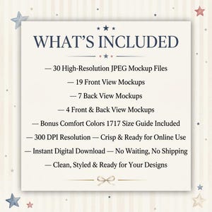 K&ouml;nnte beinhalten: Ein cremefarbenes digitales Produktbild mit dem Text "WHAT'S INCLUDED" oben. Der Text listet 30 hochaufl&ouml;sende JPEG-Mockup-Dateien, 19 Frontansichts-Mockups, 7 R&uuml;ckansichts-Mockups und mehr auf. Das Bild hat eine dekorative Schleife unten.