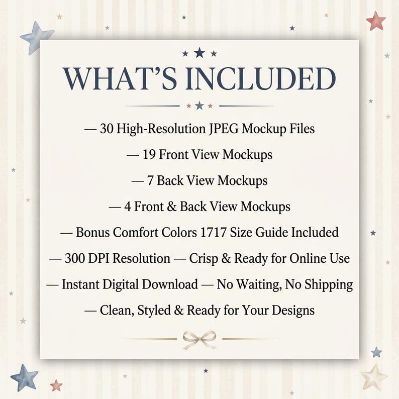 K&ouml;nnte beinhalten: Ein cremefarbenes digitales Produktbild mit dem Text "WHAT'S INCLUDED" oben. Der Text listet 30 hochaufl&ouml;sende JPEG-Mockup-Dateien, 19 Frontansichts-Mockups, 7 R&uuml;ckansichts-Mockups und mehr auf. Das Bild hat eine dekorative Schleife unten.