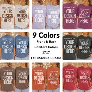 Könnte beinhalten: Eine Kollektion von neun Comfort Colors 1717 T-Shirts in Weiß, Orchidee, Beere, Blue Jean, Pfeffer, Espresso, Terrakotta und Karmesinrot. Jedes T-Shirt zeigt den Text PEONY MOCK YOUR DESIGN HERE auf der Vorder- und Rückseite in verschiedenen Farben.