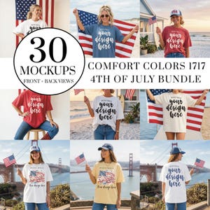 Op de afbeelding: Een verzameling mockups met verschillende t-shirts in verschillende kleuren, met de tekst "your design here" en "USA" op sommige. De afbeelding bevat ook de tekst "30 MOCKUPS FRONT + BACK VIEWS" en "COMFORT COLORS 1717 4TH OF JULY BUNDLE".