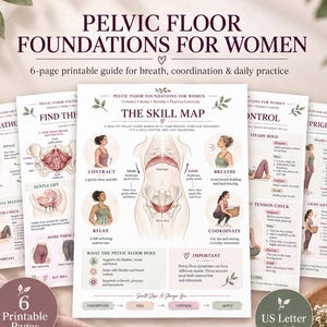 May include: A 6-page printable guide titled Pelvic Floor Foundations for Women, featuring anatomical diagrams, instructional text on breath and coordination, and daily practice steps. The document includes sections on the skill map, control, and upright movement.