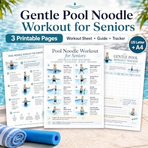 Pool Noodle Workout for Seniors, Gentle Water Exercise Printable, Low Impact Aqua Fitness Chart & Tracker PDF