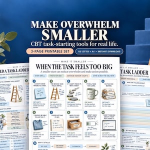 Puede incluir: Un conjunto imprimible de tres páginas titulado Make Overwhelm Smaller, con herramientas TCC para iniciar tareas. Las páginas incluyen texto, diagramas e ilustraciones como una escalera de tareas, una taza y una pila de papeles sobre fondo blanco.