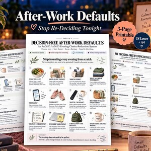 Puede incluir: Un documento imprimible de tres páginas titulado After-Work Defaults, que presenta un sistema de reducción de decisiones nocturnas para perfiles AuDHD/ADHD. Incluye listas numeradas, ilustraciones de tareas diarias y cuadros de texto.