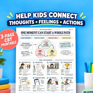 Peut inclure: Une fiche imprimable TCC de 3 pages intitulée One Moment Can Start A Whole Path. Elle présente un diagramme reliant pensées, sentiments et actions avec des exemples concrets pour enfants, incluant du texte sur les situations et les choix.
