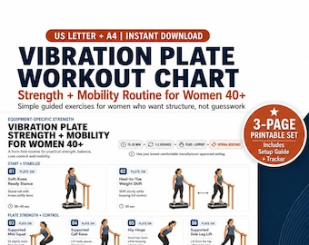Entrenamiento con plataforma vibratoria para mujeres mayores de 40 años / Ejercicios de fuerza, equilibrio y movilidad / Guía en PDF de 3 páginas + Seguimiento