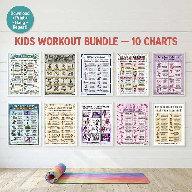 Ten colorful kids fitness and yoga charts hung on a white wall above a rolled-up colorful mat.