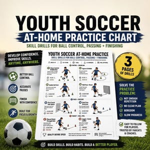 Youth Soccer Drills Printable: At-Home Ball Control, Passing, Finishing + Weekly Training Plan PDF, Ages 8–17