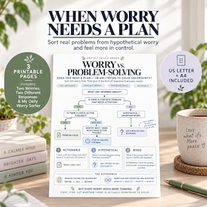 May include: A printable document titled Worry vs. Problem-Solving featuring a flowchart to distinguish between concrete problems and hypothetical worries. The page includes sections for actionable, hypothetical, and mixed concerns with text instructions.