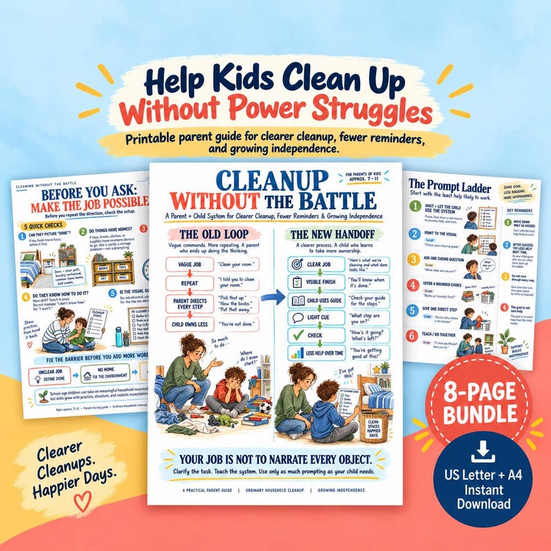May include: An 8-page printable parent guide titled Cleanup Without The Battle, featuring illustrations of a parent and child. The bundle includes instructional charts like Before You Ask and The Prompt Ladder to help kids clean up independently.