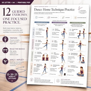 May include: A printable PDF guide titled Dance Home Technique Practice featuring 12 numbered dance exercises. The document includes illustrations of a person performing movements, instructional text, and time-based practice paths for home use.