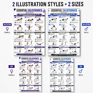 K&ouml;nnte beinhalten: Vier Trainingsposter mit Calisthenics-&Uuml;bungen. Die Poster tragen die Aufschrift "Essential Calisthenics Workout" und zeigen &Uuml;bungen f&uuml;r den Oberk&ouml;rper, den Unterk&ouml;rper und den Rumpf. Zwei Poster haben das Format US Letter, zwei das Format A4. Ein Set ist f&uuml;r Frauen, das andere f&uuml;r M&auml;nner.