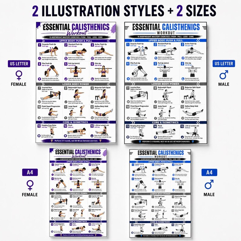 K&ouml;nnte beinhalten: Vier Trainingsposter mit Calisthenics-&Uuml;bungen. Die Poster tragen die Aufschrift "Essential Calisthenics Workout" und zeigen &Uuml;bungen f&uuml;r den Oberk&ouml;rper, den Unterk&ouml;rper und den Rumpf. Zwei Poster haben das Format US Letter, zwei das Format A4. Ein Set ist f&uuml;r Frauen, das andere f&uuml;r M&auml;nner.