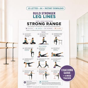 May include: A digital instructional poster titled BUILD STRONGER LEG LINES and STRONG RANGE, featuring twelve illustrated cheer and dance conditioning exercises. The document includes text for US LETTER + A4, INSTANT DOWNLOAD, and a COACHING GUIDE + 4-WEEK TRACKER.