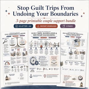 May include: A three-page printable couple support bundle titled Stop Guilt Trips From Undoing Your Boundaries. The documents feature diagrams, text, and illustrations including scales, compasses, and lanterns, designed for US Letter and A4 paper sizes.