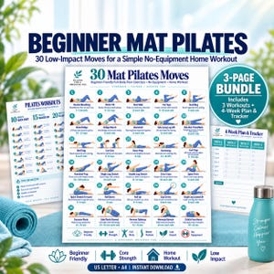Könnte beinhalten: Ein digitales Set für Pilates-Matten-Anfänger mit drei Anleitungsblättern. Die Hauptübersicht zeigt 30 nummerierte Übungsillustrationen mit Textanweisungen, während die anderen Blätter Trainingsroutinen und einen 4-Wochen-Plan enthalten.