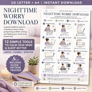 Puede incluir: Una guía imprimible Nighttime Worry Download con 12 pasos ilustrados para aliviar la carga mental. El documento incluye instrucciones de texto, iconos numerados y un diseño para formatos US Letter y A4 para organizar pensamientos.