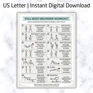 May include: A printable full body beginner workout guide with 14 exercises, including jumping jacks, squats, and lunges. The guide is on a white background with black text and illustrations of each exercise. The text "US Letter | Instant Digital Download" is at the top.