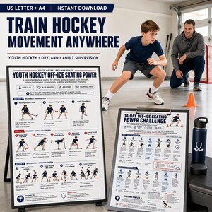 A young boy in a hockey jersey performs a drill with a hockey stick, while a man watches in the background, next to a blue and red hockey training guide.