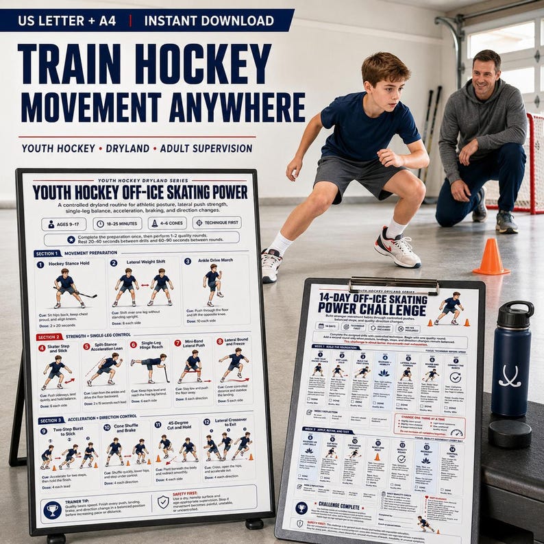 A young boy in a hockey jersey performs a drill with a hockey stick, while a man watches in the background, next to a blue and red hockey training guide.