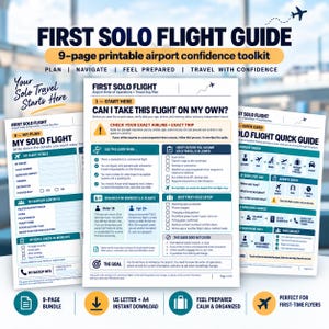 Può includere: Una guida stampabile di 9 pagine per il primo volo in solitaria, completa di liste di controllo, passaggi per la navigazione in aeroporto e moduli di pianificazione. I documenti includono sezioni intitolate My Solo Flight, Airport Order of Operations e una guida rapida.
