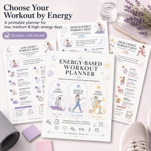 Afdrukbaar trainingsmenu op basis van energie, stemmingsfitnessplanner, pdf-bundel met training voor thuistraining