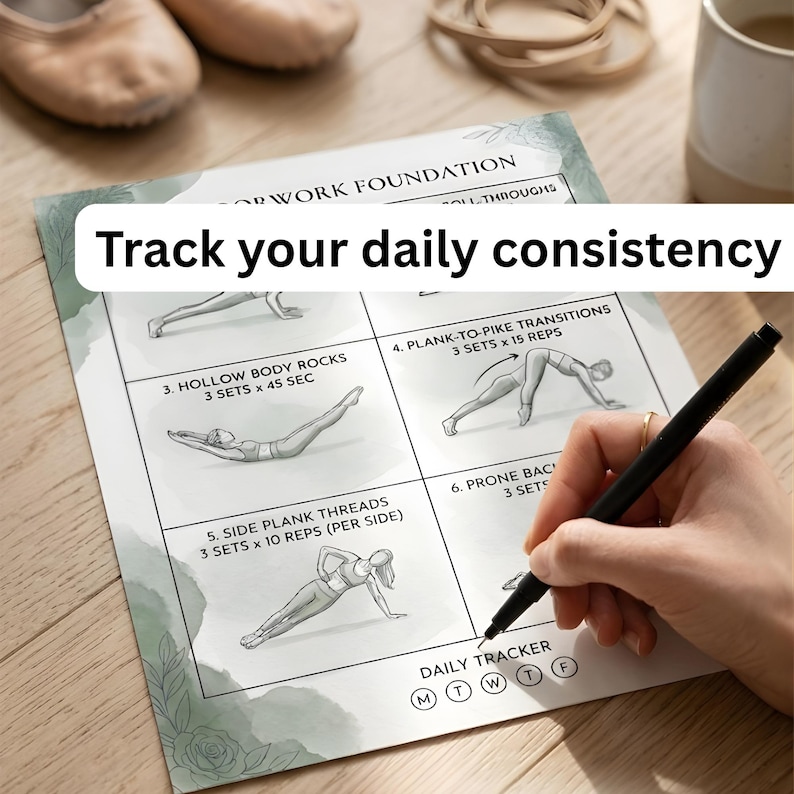 May include: A fitness tracker with exercise diagrams and the text "Track your daily consistency." The tracker features illustrations for exercises like hollow body rocks and prone back exercises. A hand is holding a black pen, ready to mark the daily tracker.