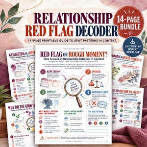 Op de afbeelding: Een 14-pagina tellende printbare gids genaamd Relationship Red Flag Decoder, met educatieve diagrammen, tekst en illustraties over relatie-dynamiek. De centrale pagina toont een vergrootglas over de tekst Look at the Bigger Picture.