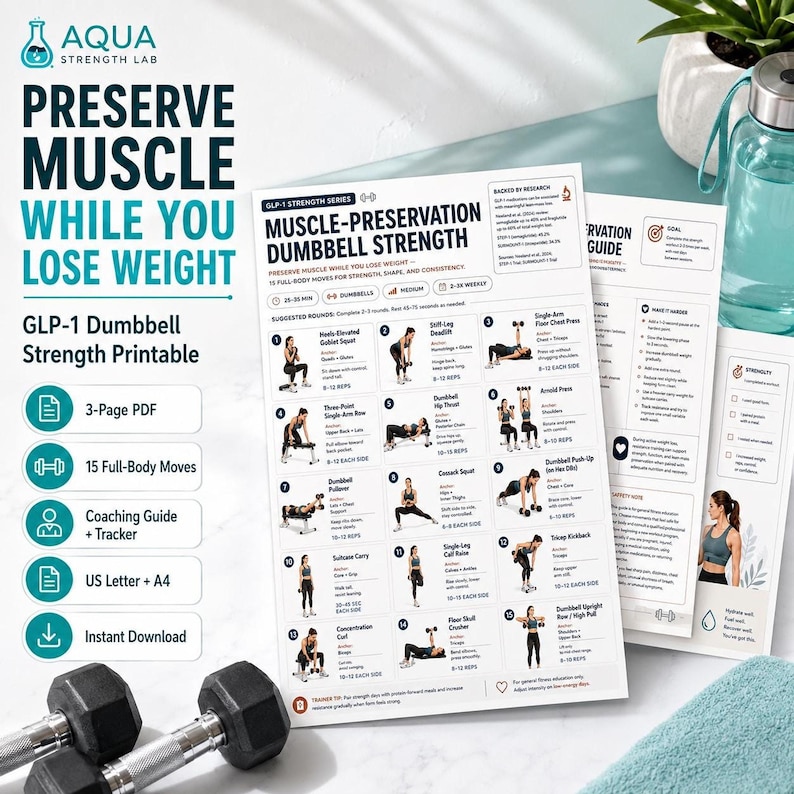 Glp Strength GLP-1 Workout Chart, Dumbbell Strength Guide for Full Body Exercise PDF ...