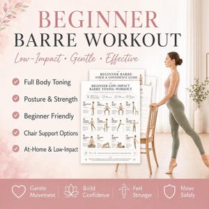 Allenamento Barre per principianti stampabile, routine di tonificazione a basso impatto in PDF, guida per il fitness a casa con supporto da sedia e strumento di monitoraggio dei progressi