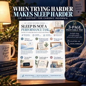Op de afbeelding: Een 3-pagina's tellende printbare PDF-gids voor CBT-I-ondersteuning bij chronische slapeloosheid. Het document bevat de titel Sleep Is Not A Performance Task, zes genummerde secties met illustraties van bedden, klokken en planners.