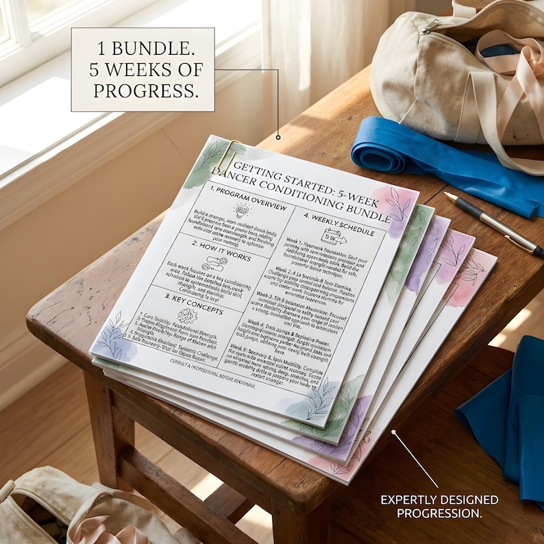 May include: A stack of printed dancer conditioning guides with floral watercolour accents. The guides are titled "Getting Started: 5-Week Dancer Conditioning Bundle" and include program overviews, weekly schedules, and key concepts. A blue resistance band and a gym bag are also visible.