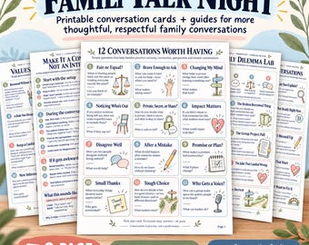 May include: A printable 8-page bundle titled Family Talk Night featuring conversation cards and guides. The central page displays 12 numbered conversation topics with illustrations, including scales, a lock, a pencil, and a microphone.