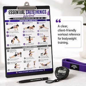 K&ouml;nnte beinhalten: Schwarzes Klemmbrett mit einem Trainingsplan f&uuml;r Calisthenics-&Uuml;bungen. Es zeigt &Uuml;bungen f&uuml;r den Ober- und Unterk&ouml;rper, sowie Core-&Uuml;bungen. Mit Stoppuhr, Stift und lila Widerstandsband. Text: "Eine klare, kundenfreundliche Trainingsreferenz f&uuml;r das K&ouml;rpergewicht."