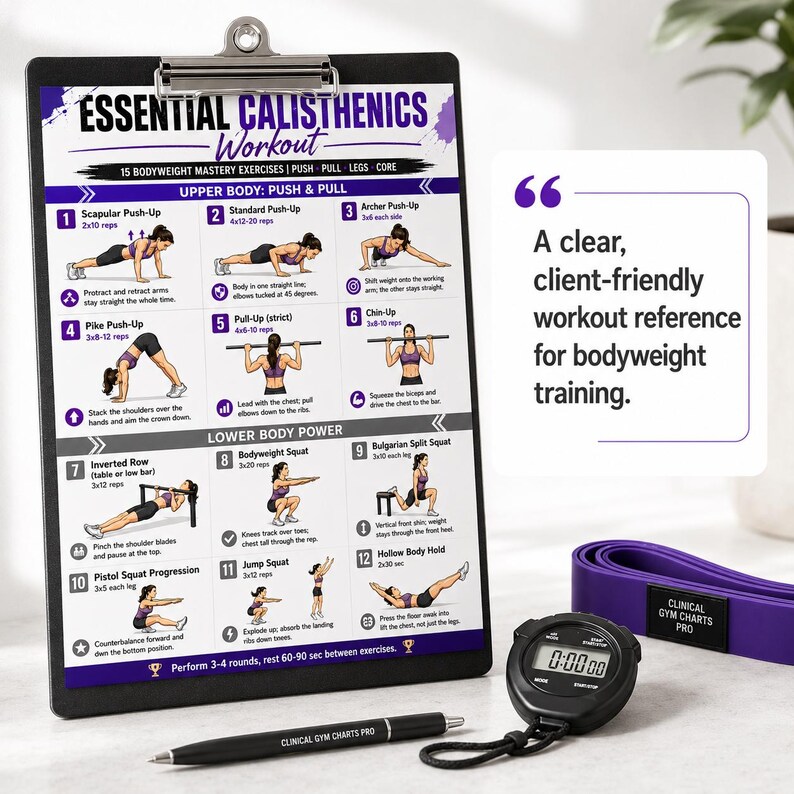 K&ouml;nnte beinhalten: Schwarzes Klemmbrett mit einem Trainingsplan f&uuml;r Calisthenics-&Uuml;bungen. Es zeigt &Uuml;bungen f&uuml;r den Ober- und Unterk&ouml;rper, sowie Core-&Uuml;bungen. Mit Stoppuhr, Stift und lila Widerstandsband. Text: "Eine klare, kundenfreundliche Trainingsreferenz f&uuml;r das K&ouml;rpergewicht."