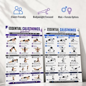 K&ouml;nnte beinhalten: Zwei &Uuml;bungstabellen mit dem Titel "Essential Calisthenics Workout", die verschiedene K&ouml;rpergewichts&uuml;bungen zeigen. Die Tabellen sind benutzerfreundlich gestaltet und bieten Optionen f&uuml;r M&auml;nner und Frauen. Die &Uuml;bungen konzentrieren sich auf Oberk&ouml;rper, Unterk&ouml;rper, Rumpf und Isometrie.