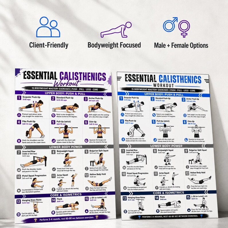 K&ouml;nnte beinhalten: Zwei &Uuml;bungstabellen mit dem Titel "Essential Calisthenics Workout", die verschiedene K&ouml;rpergewichts&uuml;bungen zeigen. Die Tabellen sind benutzerfreundlich gestaltet und bieten Optionen f&uuml;r M&auml;nner und Frauen. Die &Uuml;bungen konzentrieren sich auf Oberk&ouml;rper, Unterk&ouml;rper, Rumpf und Isometrie.