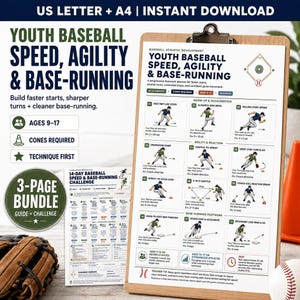May include: A printed training guide titled Youth Baseball Speed, Agility & Base-Running on a clipboard, featuring twelve illustrated drills with instructions, a 14-day challenge sheet, a baseball glove, and a baseball on a wooden surface.