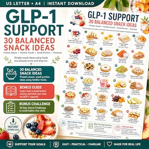 Peut inclure: Un guide numérique intitulé GLP-1 SUPPORT 30 BALANCED SNACK IDEAS, présentant une liste numérotée de 30 combinaisons alimentaires illustrées. Le document inclut un guide bonus, un défi de 10 jours et des formats US Letter et A4.